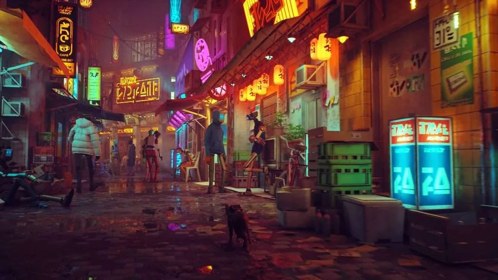 Videojuego Stray cuidad robot y gato