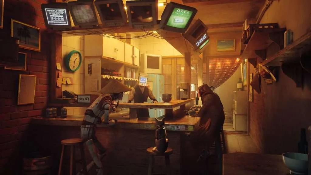 Stray, gato sentado en una cafeter&iacute;a de robots