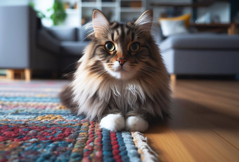 Gato Bosque de Noruega, dentro de casa, echado en alfombra