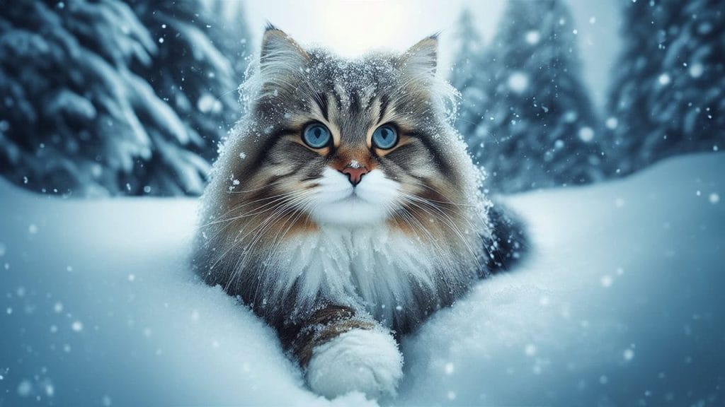 Gato Bosque de Noruega en la nieve