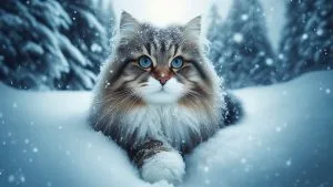 Gato Bosque de Noruega en la nieve