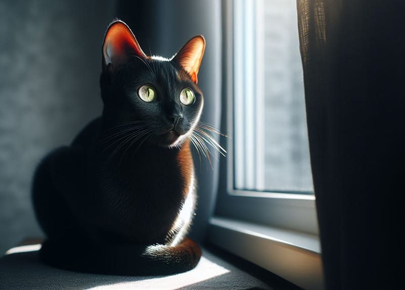 Gato Negro, raza Bombay, viendo a la ventana.